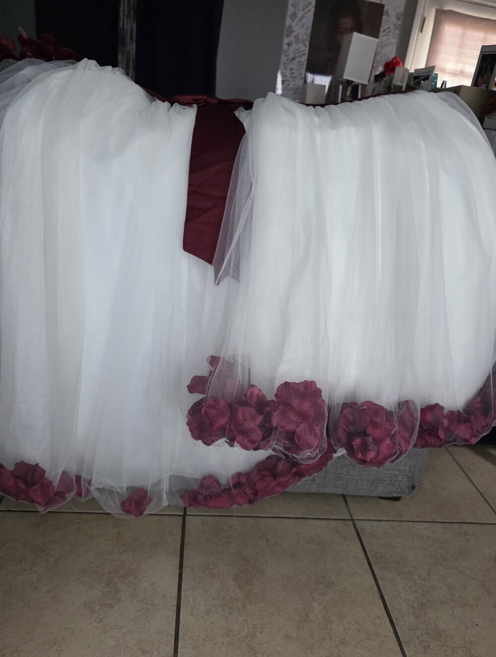 White Tulle Skirt with Burgundy Floral Trim